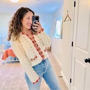 Maje White Red Brown Eyelet Alpaca Wool Cardigan Sweater 2 Medium
